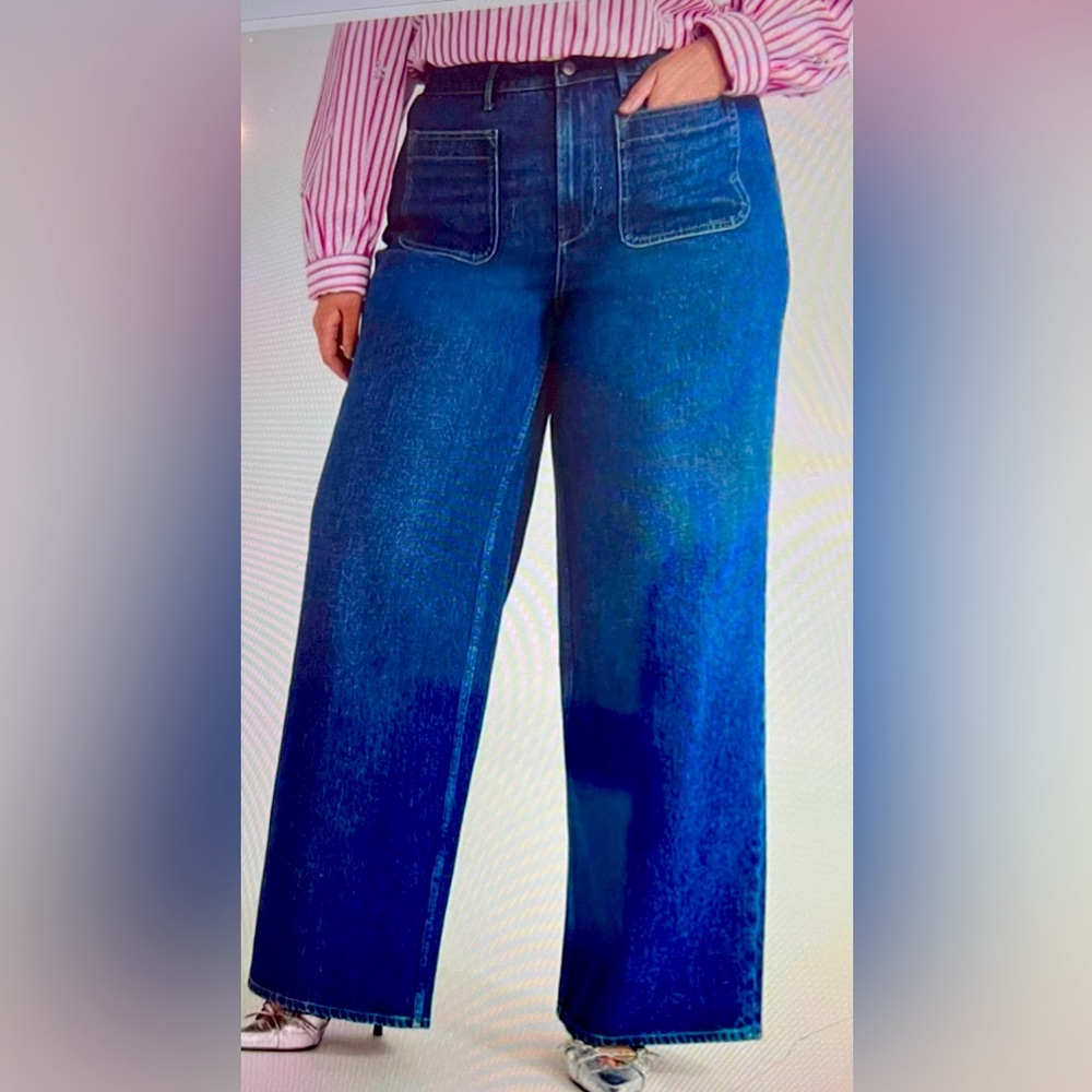 Free Assembly Women’s Wide Leg Dark Wash Blue Denim Cropped 4 Pocket Jeans Sz16W